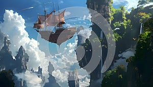 Fantasy landscape with flying ship