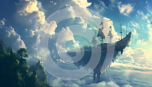 Fantasy landscape with flying ship