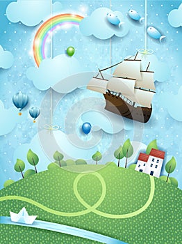 Fantasy landscape with flying ship, river and paper boat