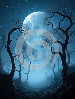 Generative AI: fantasy landscape in a forest with a big moon in the nigth