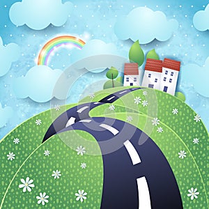 Fantasy landscape with hilly road photo