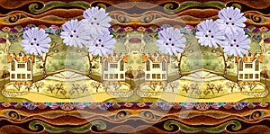 Fantasy landscape with houses and trees from big colorful flowers. Colorful seamless pattern. Perfect design for kids room