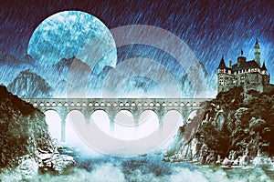 Fantasy landscape with huge bridge and castle on cliff over big night moon and mountains in fog