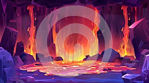 Fantasy landscape of inferno with fiery molten magma flows in stone mountain tunnel, modern cartoon illustration of hell