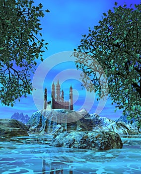 Fantasy landscape, Island with a Castle near a lake, forest and Blue Sky with clouds, 3d illustration