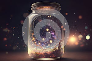 Fantasy landscape in a jar with stars and planets