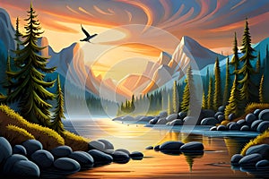 Fantasy landscape with a lake, mountains, forest, birds. Vector illustration, generative ai