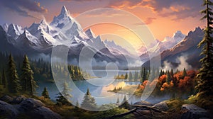 Fantasy landscape with lake, mountains and forest. Digital painting.
