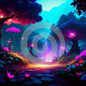 Fantasy landscape with magic forest. 3d rendering, 3d illustration. Generative AI