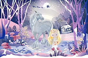 Fantasy landscape of magic forest with fairytale cottage,little princess,cuteunicorn and Santa Claus sleigh Reindeers flying over