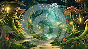 Fantasy landscape with magic forest and mushrooms. 3D illustration, AI Generated