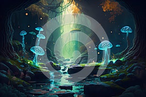 Fantasy landscape with magic mushrooms in the forest. 3d illustration