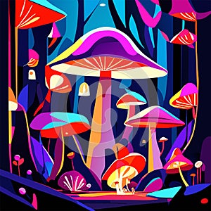 Fantasy landscape with magic mushrooms in the forest. Vector illustration. AI Generated