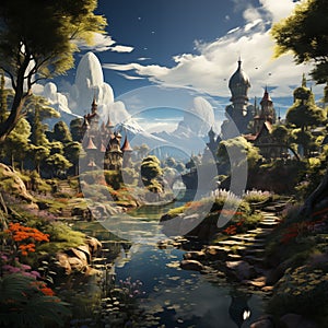 Fantasy landscape with majestic castles, serene river, lush greenery, and towering mountains under a clear sky