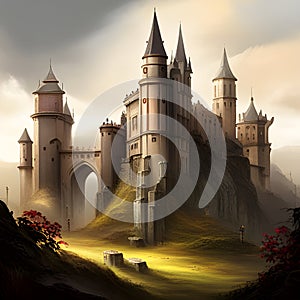 Fantasy Landscape with Mediaeval Castle in the mountains. Digital illustration. CG Artwork Background