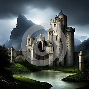 Fantasy Landscape with Mediaeval Castle in the mountains. Digital illustration. CG Artwork Background