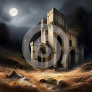 Fantasy Landscape with Mediaeval Castle in the mountains. Digital illustration. CG Artwork Background