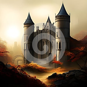 Fantasy Landscape with Mediaeval Castle in the mountains. Digital illustration. CG Artwork Background