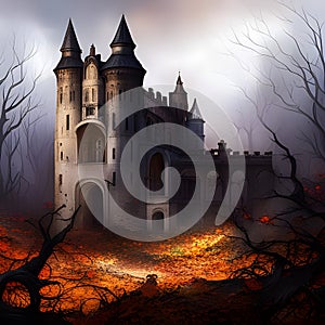 Fantasy Landscape with Mediaeval Castle in the mountains. Digital illustration. CG Artwork Background