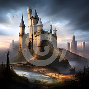 Fantasy Landscape with Mediaeval Castle in the mountains. Digital illustration. CG Artwork Background