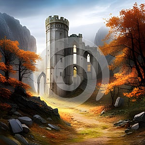 Fantasy Landscape with Mediaeval Castle in the mountains. Digital illustration. CG Artwork Background