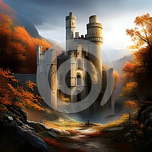 Fantasy Landscape with Mediaeval Castle in the mountains. Digital illustration. CG Artwork Background