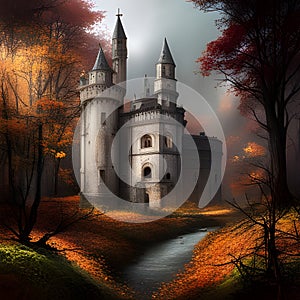 Fantasy Landscape with Mediaeval Castle in the mountains. Digital illustration. CG Artwork Background