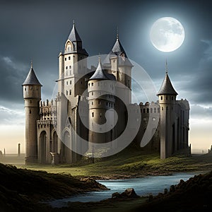 Fantasy Landscape with Mediaeval Castle in the mountains. Digital illustration. CG Artwork Background