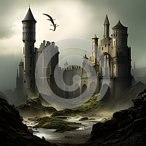 Fantasy Landscape with Mediaeval Castle in the mountains. Digital illustration. CG Artwork Background