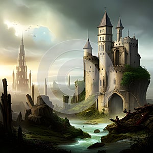 Fantasy Landscape with Mediaeval Castle in the mountains. Digital illustration. CG Artwork Background