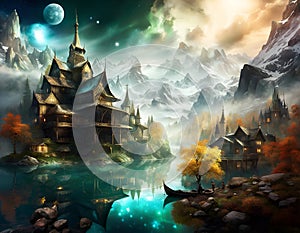 Fantasy Landscape with Mediaeval Castle in the mountains. Digital illustration. CG Artwork Background