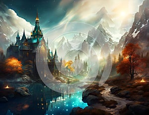 Fantasy Landscape with Mediaeval Castle in the mountains. Digital illustration. CG Artwork Background