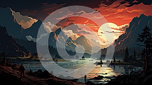 Fantasy landscape with medieaval village on the lake at sunset. Vector illustration photo