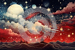 Fantasy landscape with a moon, clouds, a pagoda, and stars. Generative AI