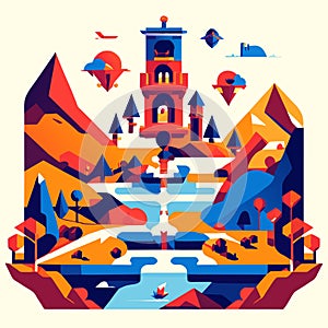 Fantasy landscape with mountains, river, trees and houses. Vector illustration AI Generated