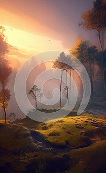 Fantasy landscape with mountains, rocks and trees, generative ai, concept illustration, these depiction is fictitious and generat photo