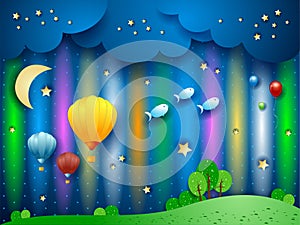Fantasy landscape at night with northern lights, balloons and flying fishes.