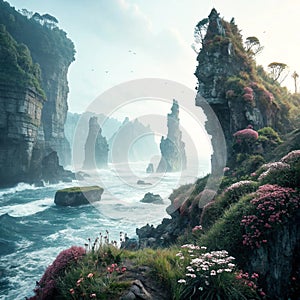 Fantasy landscape in the ocean under moonlight