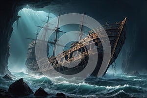 Fantasy landscape with old ship in the sea