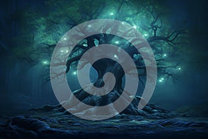 Fantasy landscape with old tree and magic lights