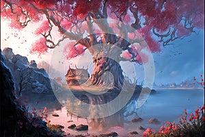 Fantasy landscape with old wooden house and red tree. Digital painting