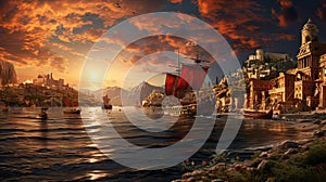 Fantasy landscape pirate ship with red sails in port of ancient city