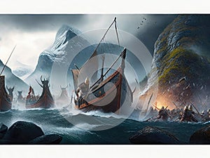 Fantasy landscape with a pirate ship in the sea