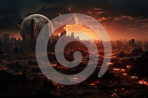 Fantasy landscape with planet and city. Elements of this image furnished by NASA, Encounter the Masked Flame Guardian, a fearless