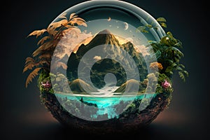 Fantasy landscape with a planet in a glass sphere photo