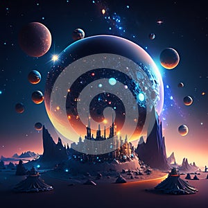 Fantasy landscape with planet, moon and alien city. Vector illustration Generative AI