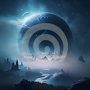 Fantasy landscape with planet, moon and clouds. 3d rendering AI generated