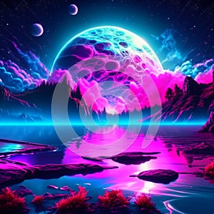 Fantasy landscape with planet, moon and water. 3d illustration AI generated