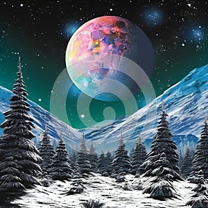 Fantasy landscape with a planet and a pine forest in the snow
