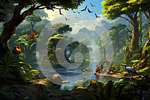 Fantasy landscape with pond and tropical forest - illustration for children, AI Generated